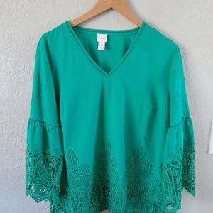 Chico's Teal V-Neck Tunic with Crochet Lace Hem